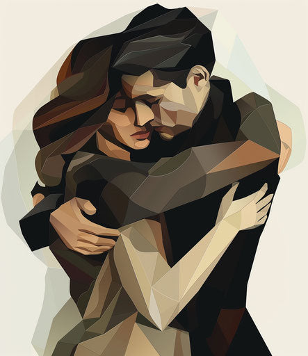 Icon of man hugging woman in poured and Whistlerian style