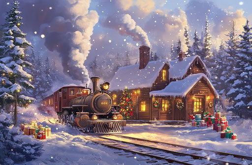 Vintage steam train crossing the snow-covered countryside