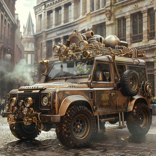 Steampunk-style 1995 vehicle with brass accessories in a Victorian-era city