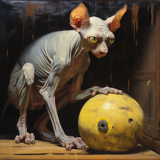 A gray sphynx cat plays with a ball in front of a wooden chest