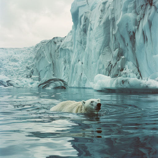 Polar bear swimming by a glacier
