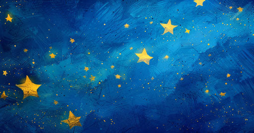 Blue and yellow stars in the sky, emphasis on character design