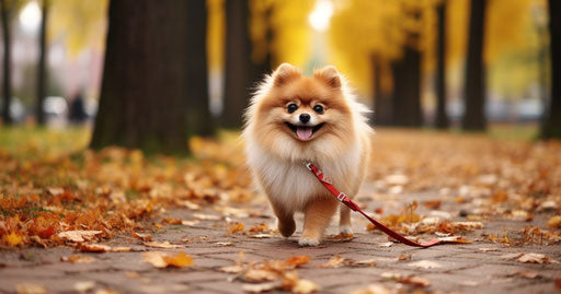 Pomeranian dog on leash in a park, rounded 19:10 style