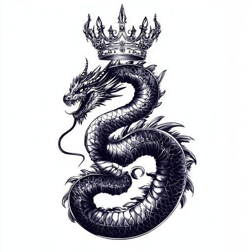 Sketch of royal tattoo with dragon coiled around a crown