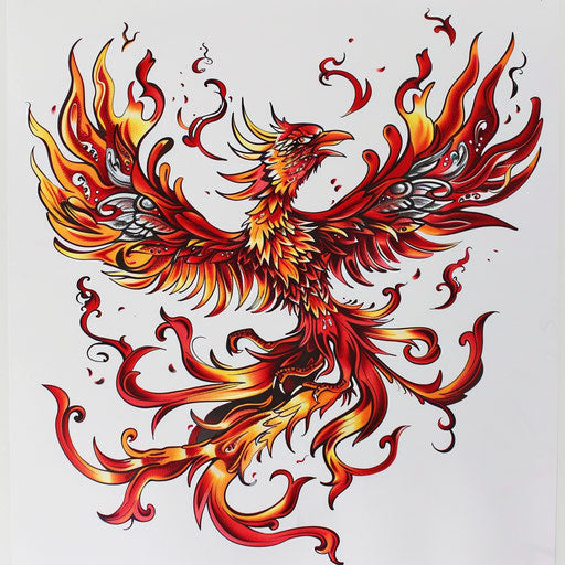 Phoenix rising from flames in a traditional style