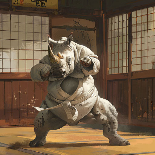 A rhino practicing martial arts in a tranquil dojo, mastering ancient techniques