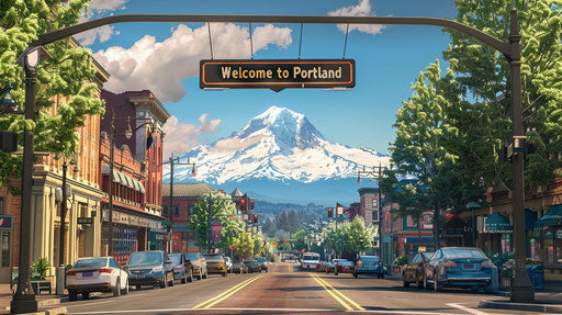 Welcome to Portland with Mount Hood in the background