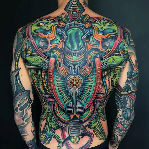 Abstract biomechanical back tattoos for men