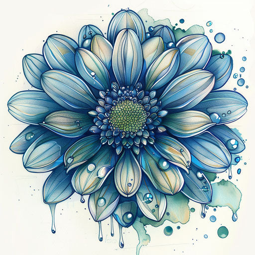Tattoo sketch of intricate daisy with dewdrops in clipart flat design, blue and green shades