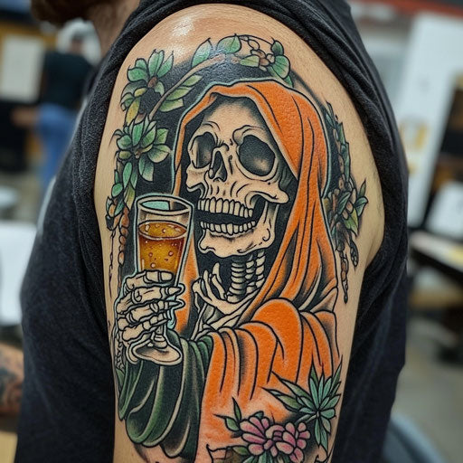 tattoos and alcohol with a grim reaper holding a shot glass on the shoulder