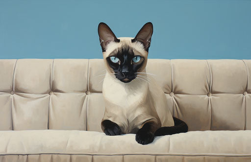 Siamese cat sitting on a couch, dark beige and sky-blue style, exaggerated facial features 17:11