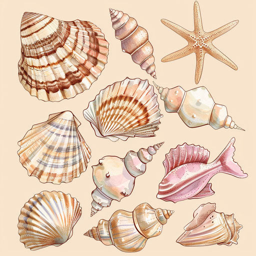 Seashell collection tattoo sketch with sandy textures