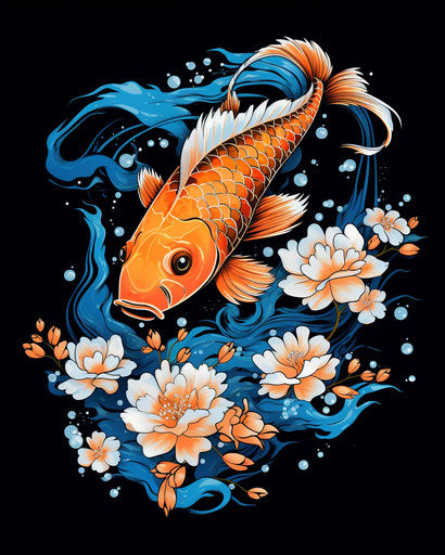 Koi fish tattoo with flowers, dark sky-blue and gold