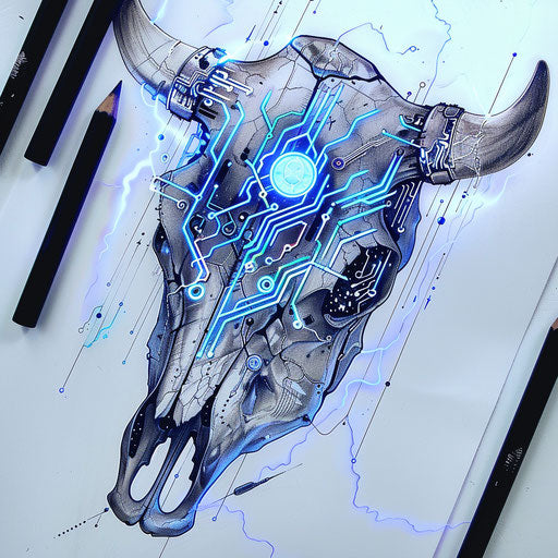 Futuristic tattoo sketch of a cow skull with circuit patterns and glowing neon blue lines