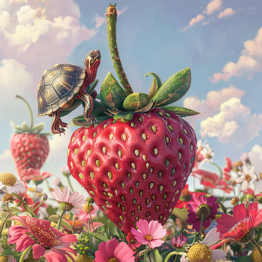 Tiny turtle on giant strawberry in field of flowers