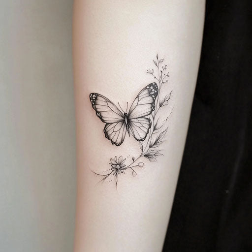 Small butterfly in flight, flat tattoo sketch on pure white background
