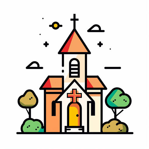 Church icon on white background, bold cartoonish lines, love and romance