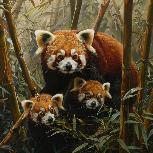 A mother red panda guiding her cubs through a dense bamboo thicket