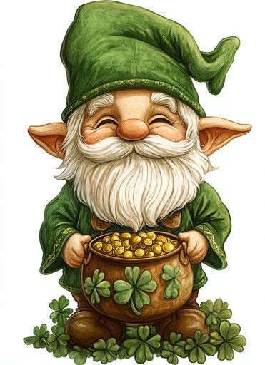 Saint Patrick's Day gnome with pot of gold and shamrocks in the style of Artgerm, white background, clipart 29:40