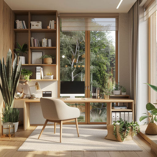 Serene home office with large window and organized workspace