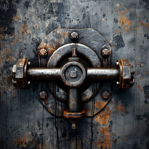 Industrial plumbing logo with metallic textures and a rugged background