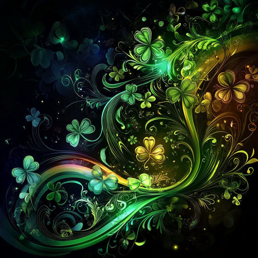 St. Patrick's Day, rainbow and Irish clover in light green and dark emerald with glowing lights