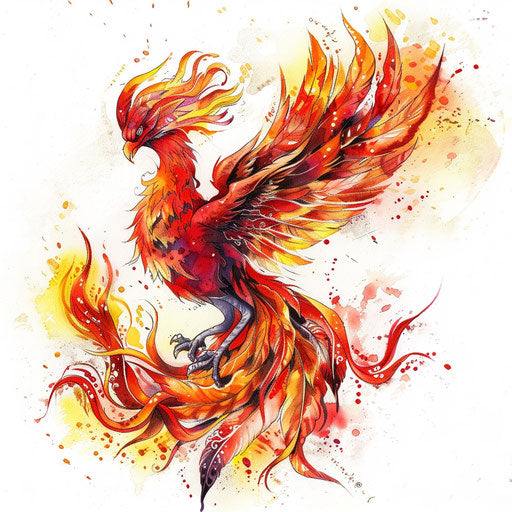 Phoenix rising from flames tattoo in traditional style on white