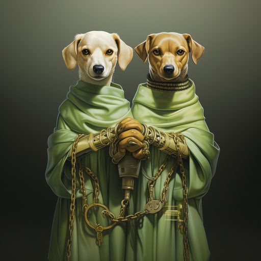 Female and male puppy holding hands