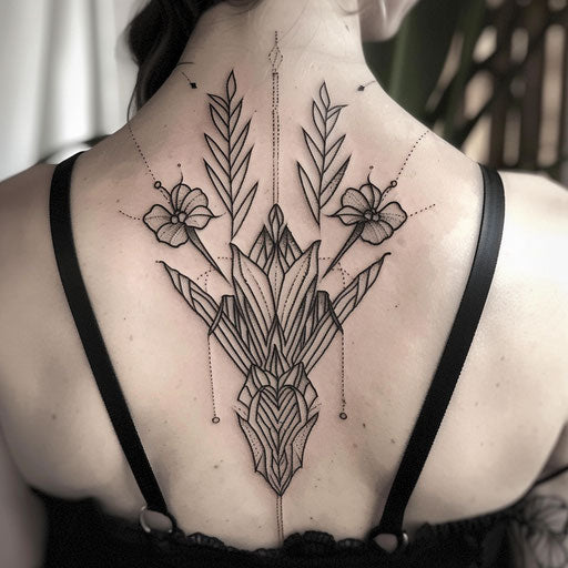Art deco floral tattoo, sharp lines on white