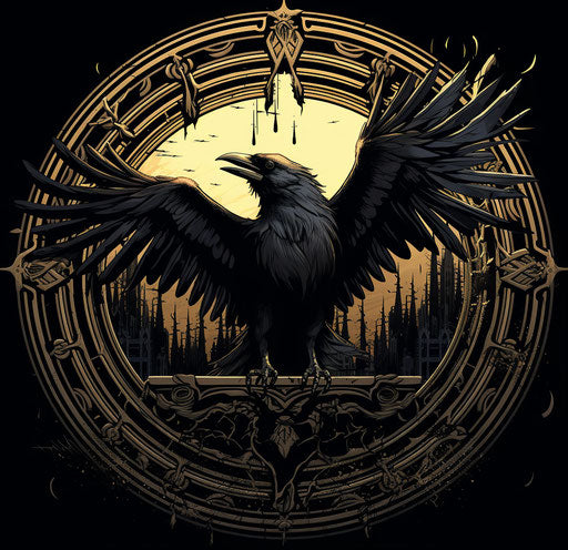 Raven flying in circular frame, grindcore style