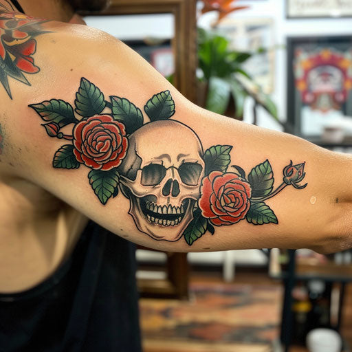 Bicep tattoo of a classic skull and roses, Ed Hardy style