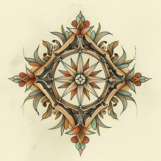 Art Nouveau style tattoo sketch of a compass rose with flowing lines and muted, earthy colors