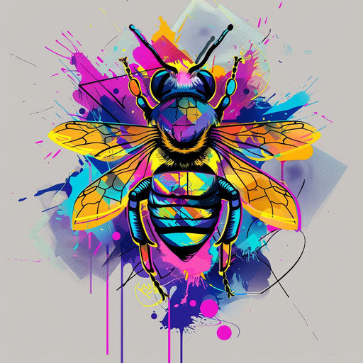 Avant-garde tattoo sketch of a queen bee with abstract forms and a splash of neon colors in a flat style