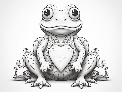 Coloring page: frog with heart shape, calm style 4:3