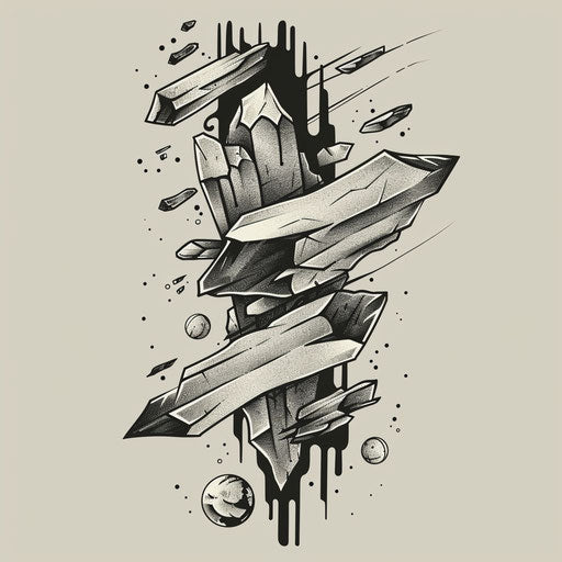 Abstract flat tattoo sketch with fragments of obsidian floating in space