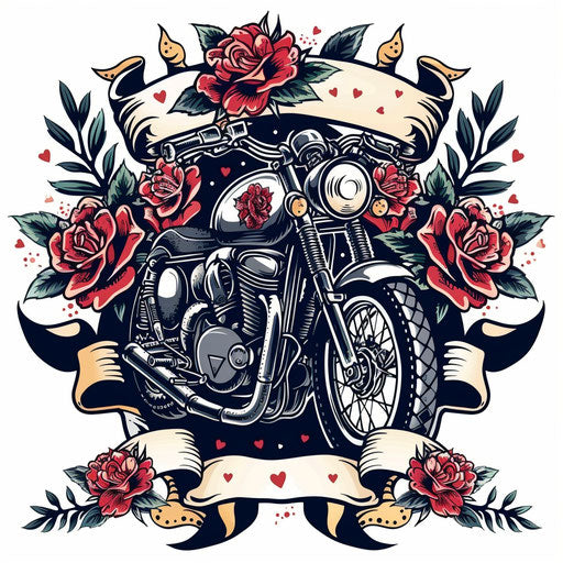 Vintage motorcycle tattoo design with classic tattoo elements like roses and ribbons, on a white background