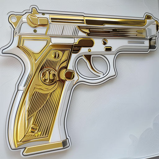 Art deco gun tattoo design with elegant lines and metallic gold and silver shades on white surface