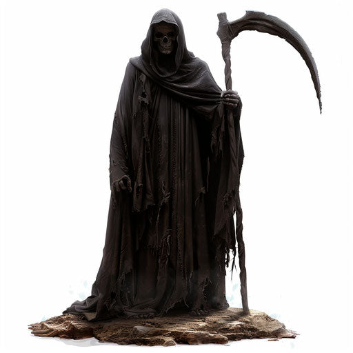 Realistic grim reaper on white background, vibrant colors, high contrast