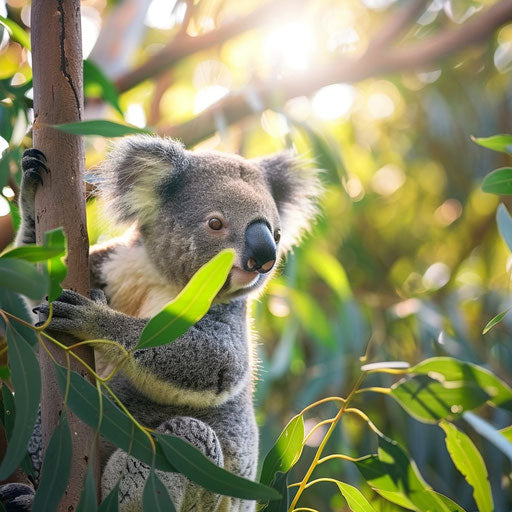 Koala in a vibrant green eucalyptus forest, sunlight filtering through the leaves
