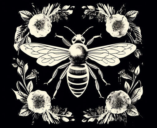 Bee, hand drawn black and white illustration in stenciled iconography style