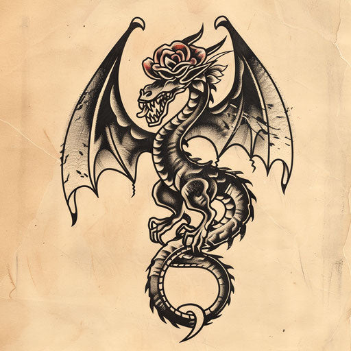 Old school black dragon tattoo sketch with traditional rose