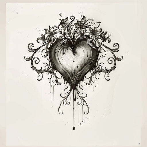 Black heart surrounded by swirling floral vines