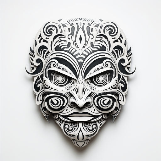 Tribal mask on white background, angelic photo style, naive drawing