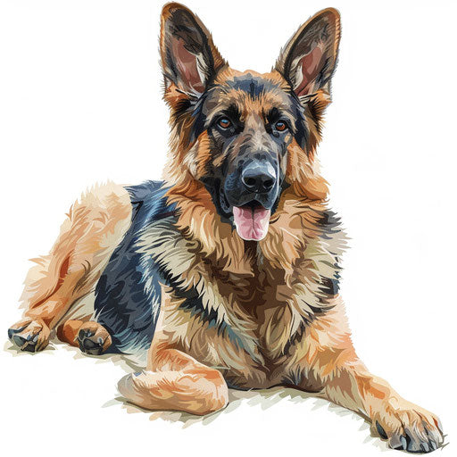 Photo-realistic German Shepherd artwork on white backdrop