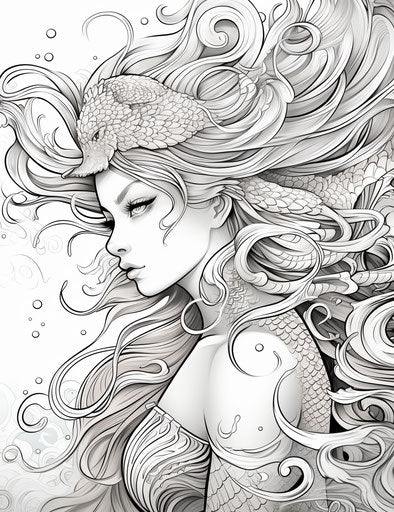 A mermaid coloring page, in the style of cartoon abstraction