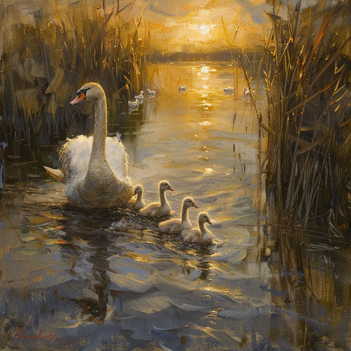 Swan leading cygnets through calm marshland at sunset