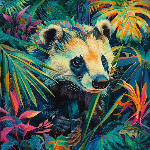Badger surrounded by lush greenery, colorful and vibrant