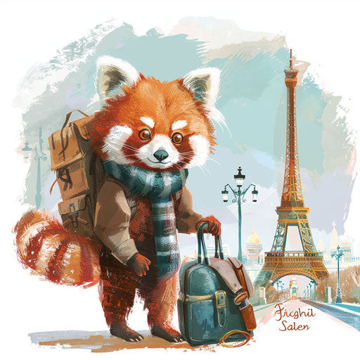 Red panda world traveler collects famous landmarks souvenirs