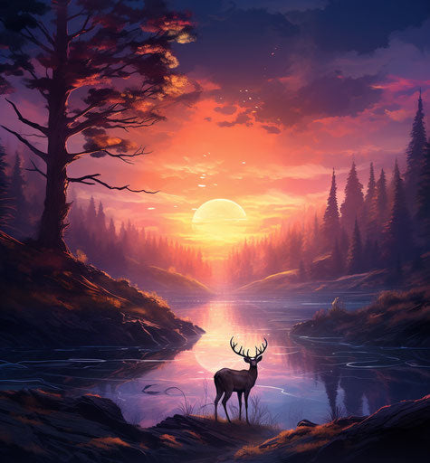 Sunset sky in the mountains with a deer, a tree, and water, in the style of techno shamanism, captivating scenes, romantic emotivity 27:29