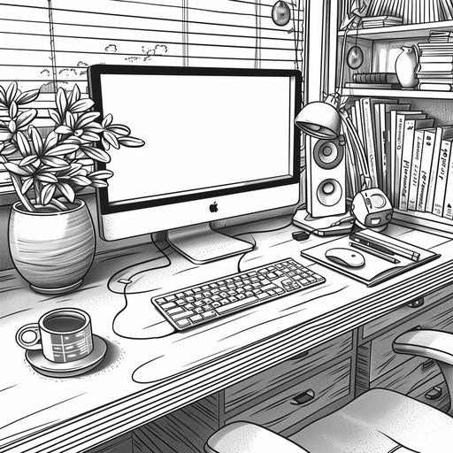 Computer setup with creative design software open. Coloring book page